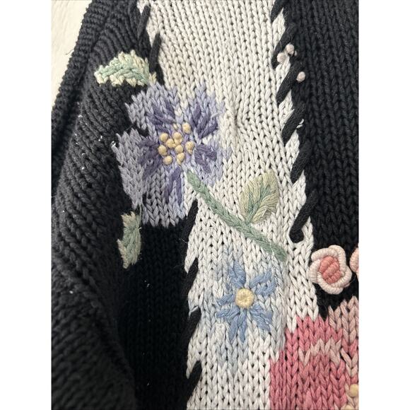 Vintage Maggie Lawrence Cardigan 80s Black Knit Flower Sweater Medium Read - Picture 6 of 16